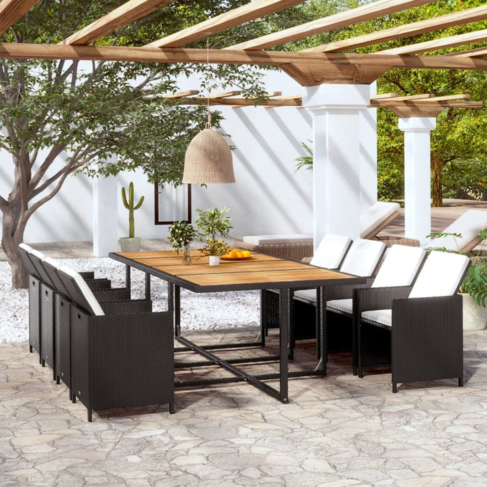13 pcs. Garden dining group with cushions poly rattan black