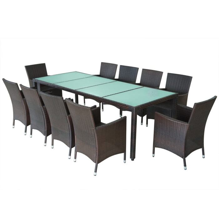 11 pcs. Garden dining group with cushions poly rattan brown