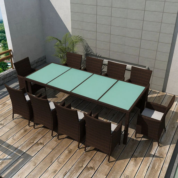 11 pcs. Garden dining group with cushions poly rattan brown
