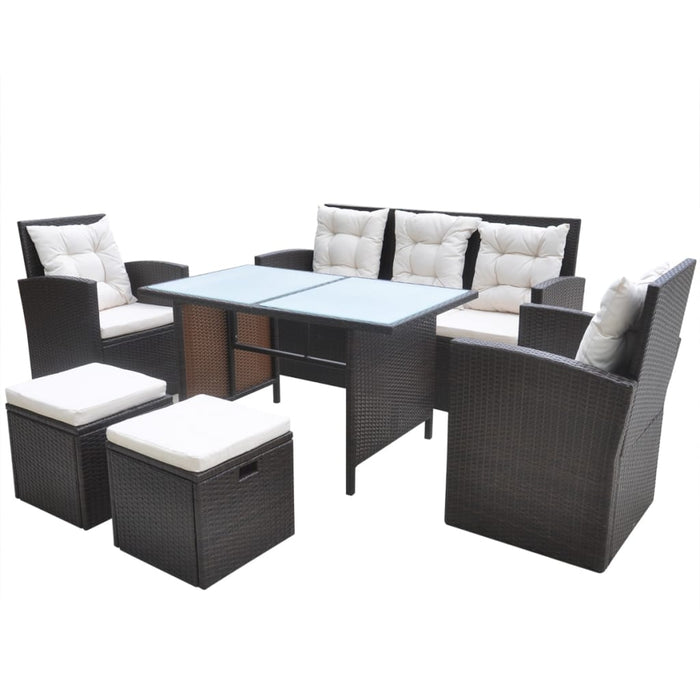 6 pcs. Garden dining group with cushions poly rattan brown