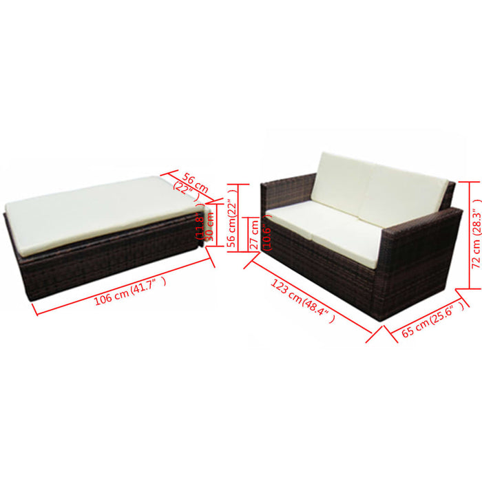 2 pcs. Garden lounge set with cushions poly rattan brown
