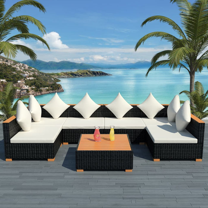 7-tlg. Garten-Lounge-Set mit Auflagen Poly Rattan Schwarz
