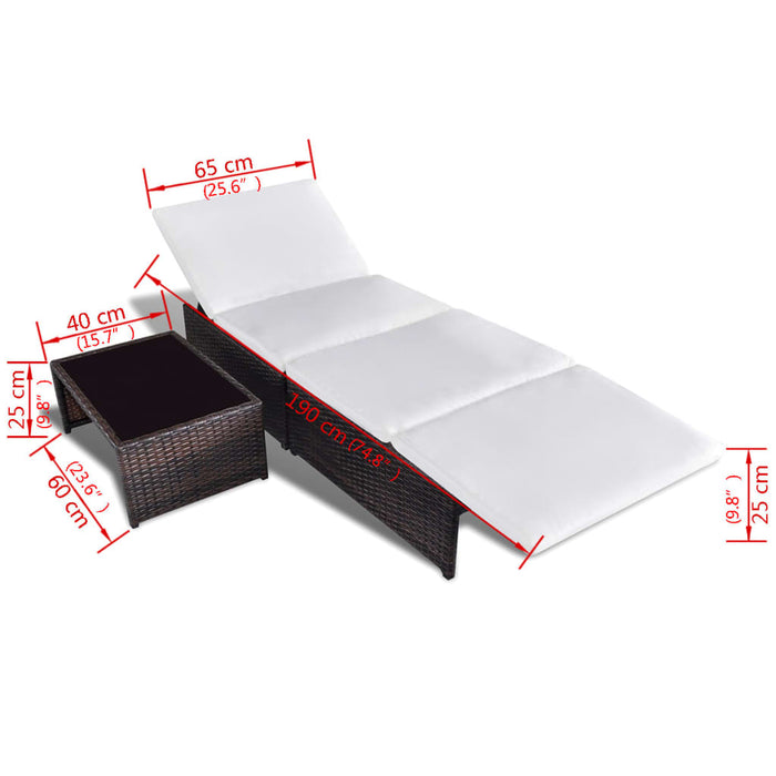 Sonnenliegen 2 Stk. mit Tisch Poly Rattan Braun