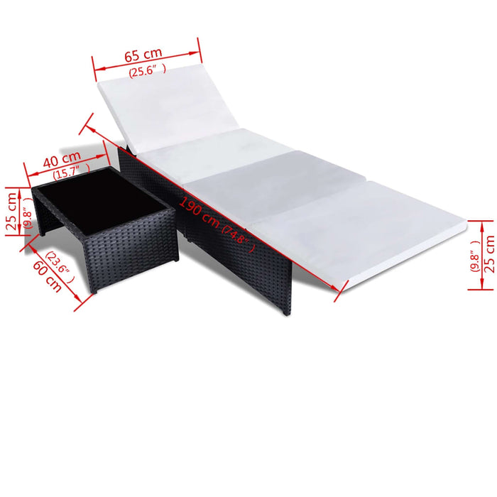 Sonnenliegen 2 Stk. mit Tisch Poly Rattan Schwarz