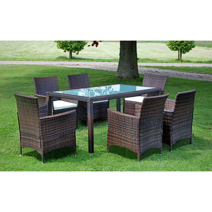 7 pcs. Garden dining group with cushions poly rattan brown