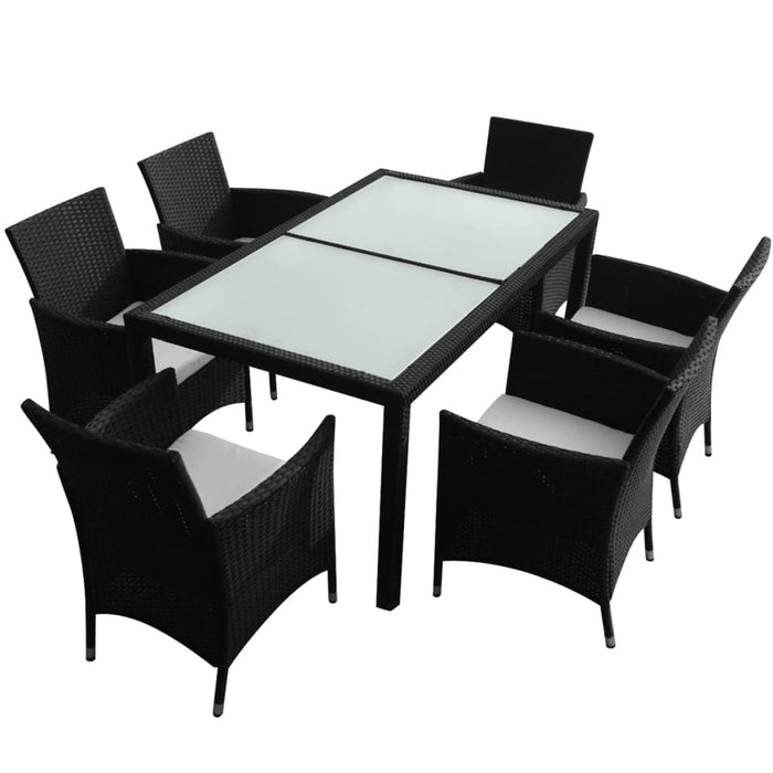 7 pcs. Garden dining group with cushions poly rattan black