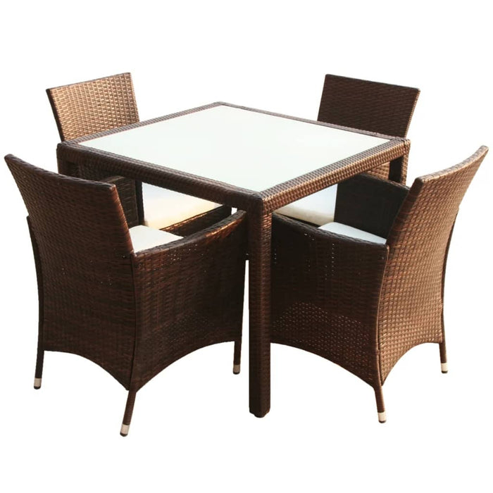 5 pcs. Garden dining group with cushions poly rattan brown