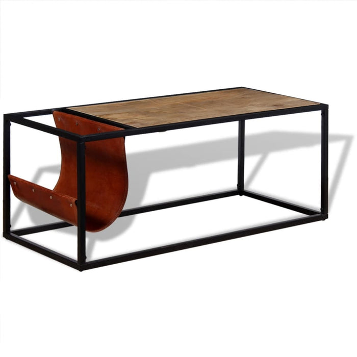Coffee table with magazine holder made of real leather 110 x 50 x 45 cm