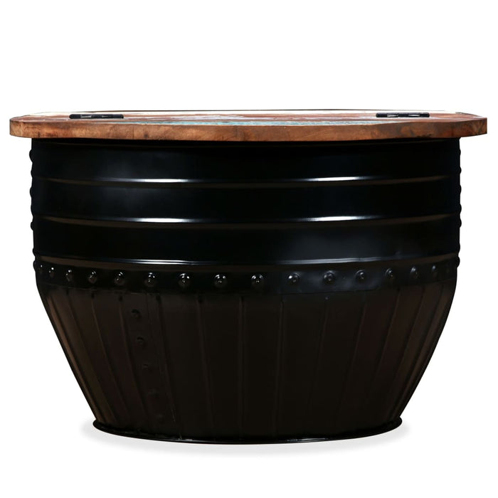 Coffee table reclaimed wood solid black drum shape