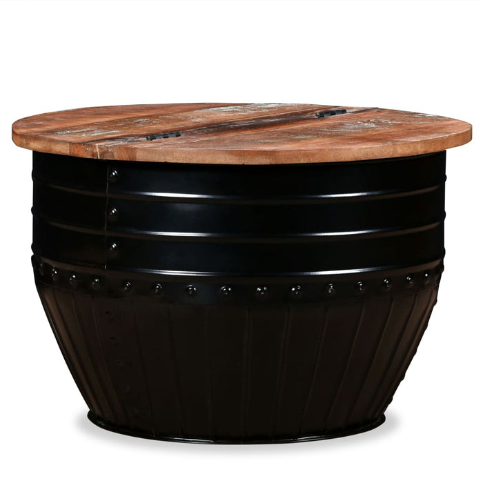 Coffee table reclaimed wood solid black drum shape