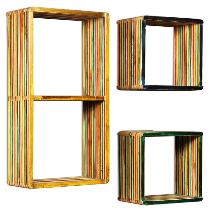Wall shelf set 3 pieces. Recycled solid teak multicolored