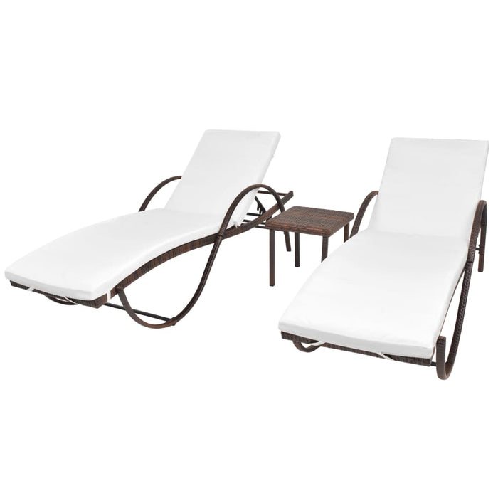 Sun loungers 2 pieces with table poly rattan brown