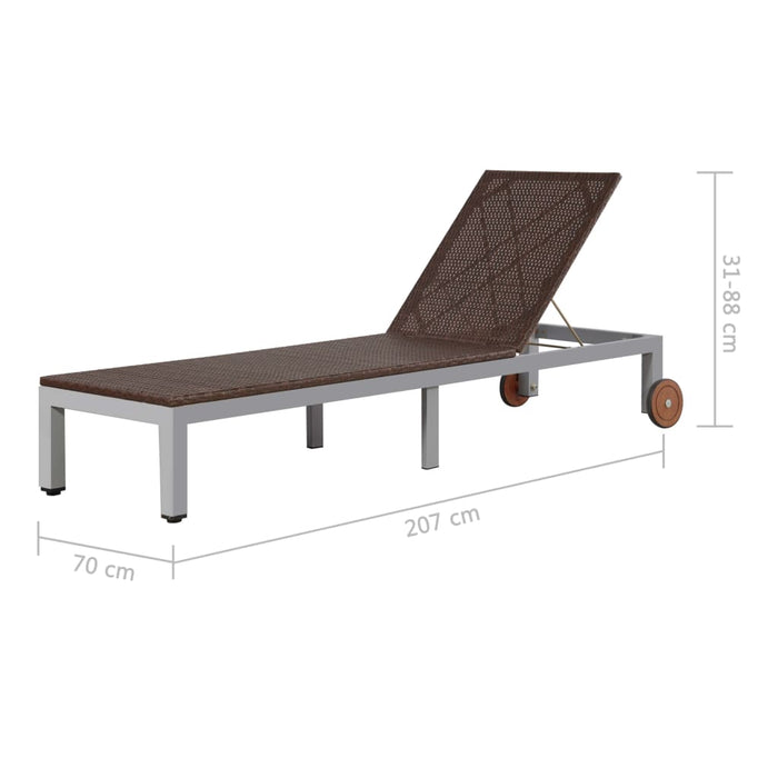 Sun lounger with wheels poly rattan brown