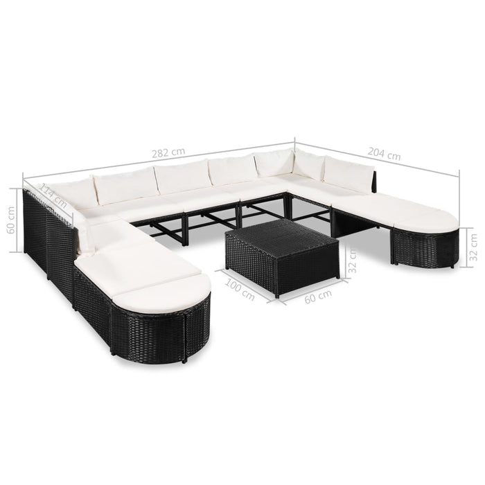 12-tlg. Garten-Lounge-Set mit Auflagen Poly Rattan Schwarz