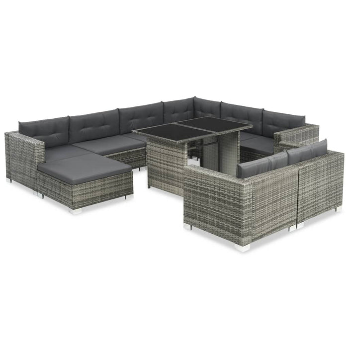 10 pcs. Garden lounge set with cushions poly rattan gray