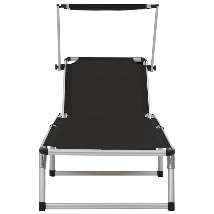 Folding lounger with aluminum sun protection and Black Textiline