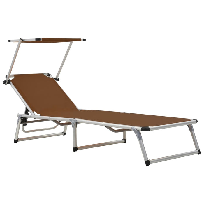 Folding lounger with sun protection aluminum and textilene brown
