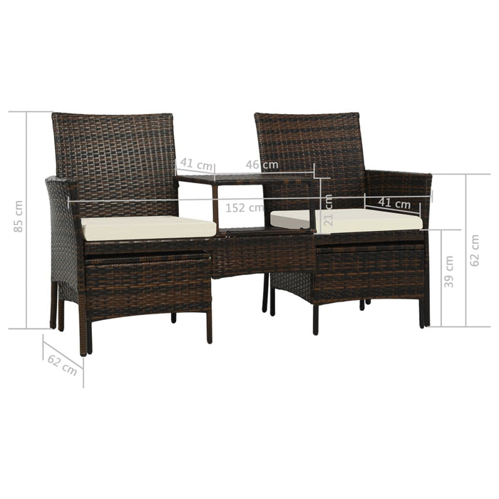2-seater garden sofa with table &amp; stool poly rattan brown