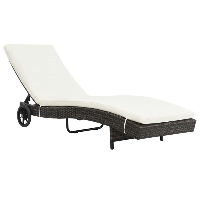 Sun lounger with wheels and cushion poly rattan brown