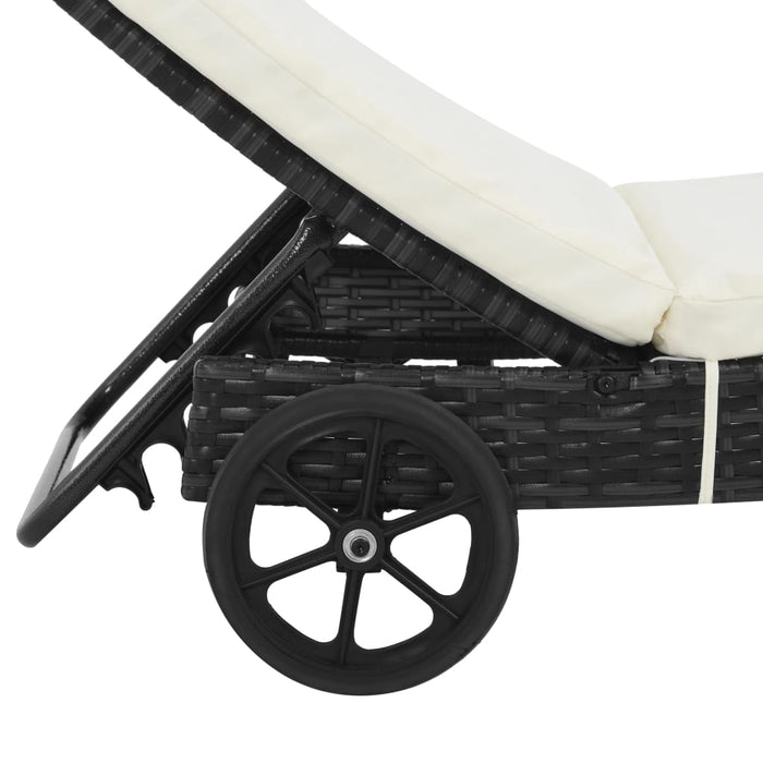 Sun lounger with wheels and cushion poly rattan black