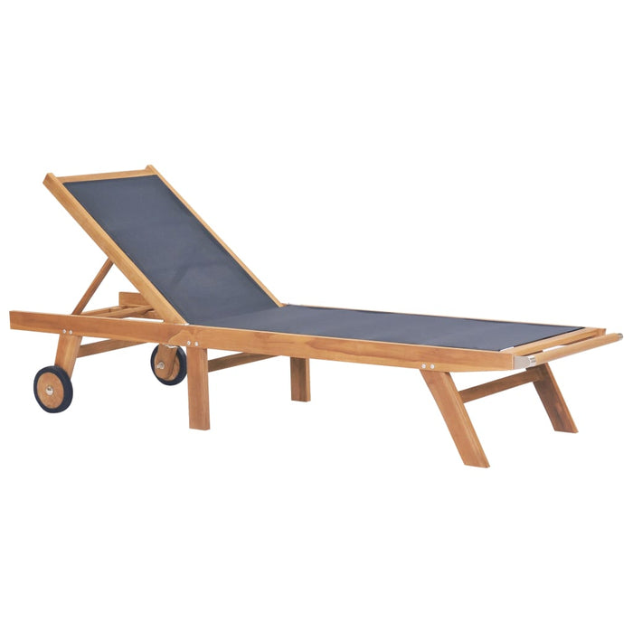 Sun lounger foldable with wheels made of solid teak wood and textilene
