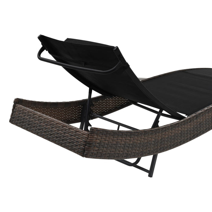 Sun loungers 2 pieces with table poly rattan and textilene brown