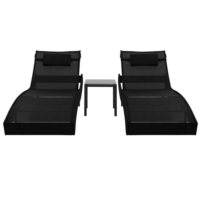 Sun loungers 2 pcs with table poly rattan and textilene black
