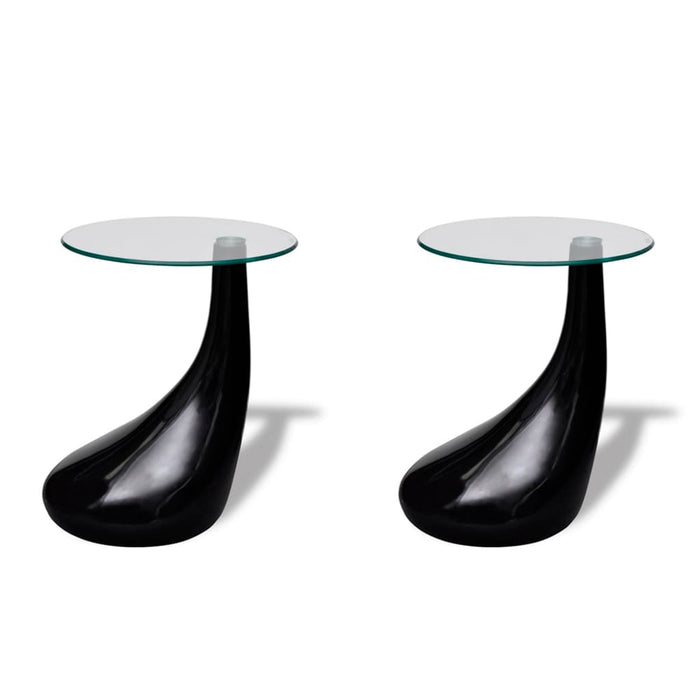 Side tables with round glass top 2 pieces. High gloss black
