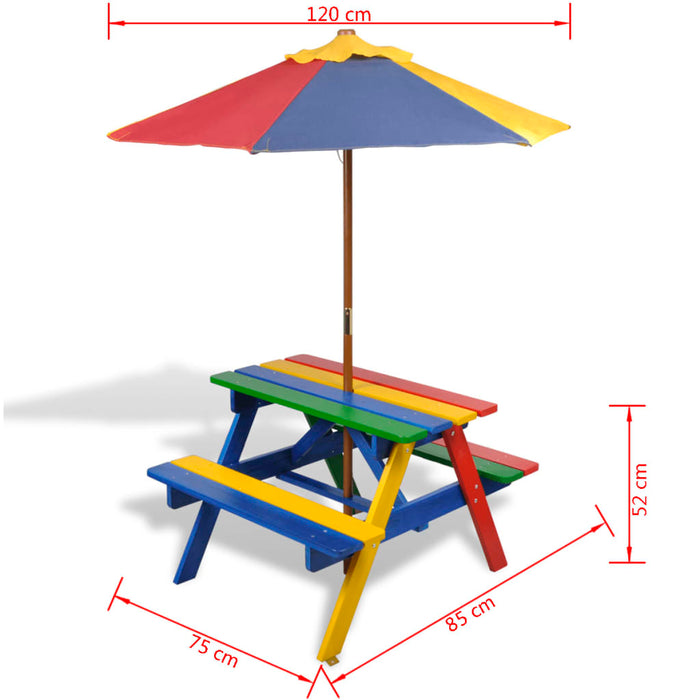 Children's picnic table with benches parasol multicolored wood