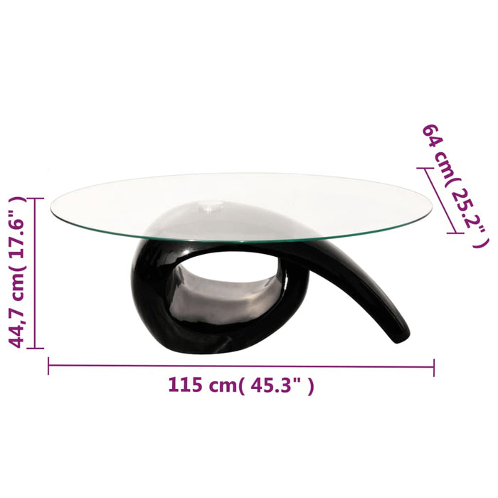 Coffee table with oval glass top high gloss black