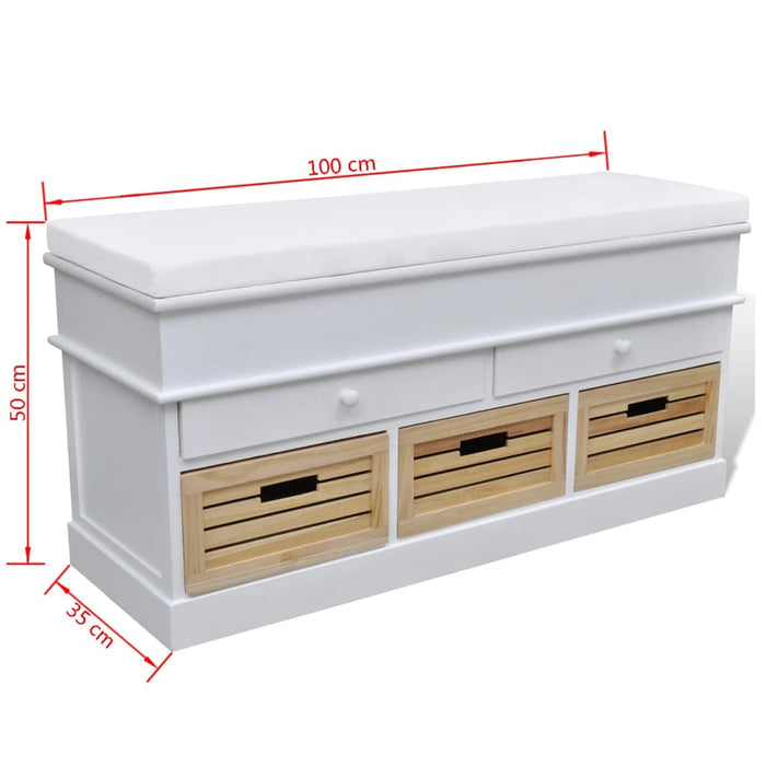 Hallway bench with storage space and seat cushion white 2 drawers 3 boxes