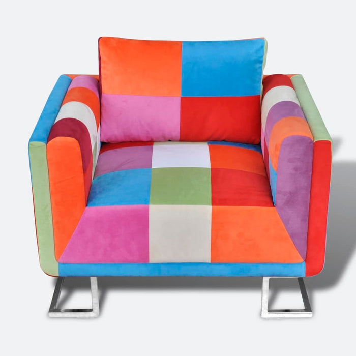 Würfel-Sessel mit verchromten Füßen Patchwork-Design Stoff