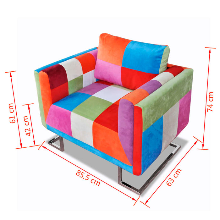 Cube armchair with chrome feet patchwork design fabric