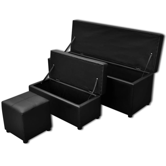 Storage bench faux leather black footrest set 3 pieces