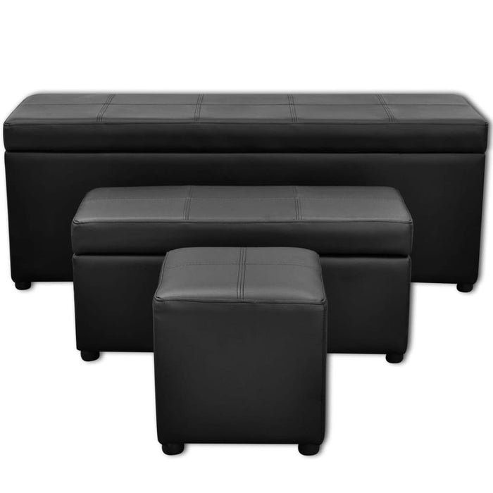 Storage bench faux leather black footrest set 3 pieces