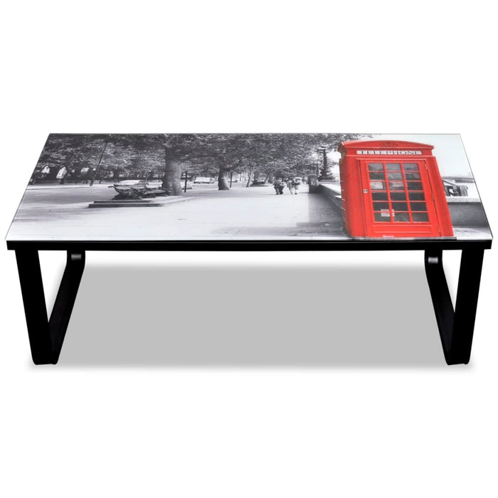 Coffee table with telephone booth motif glass top