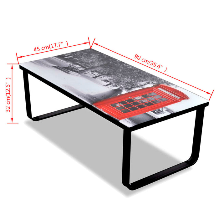Coffee table with telephone booth motif glass top