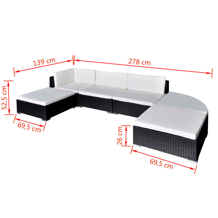 6-tlg. Garten-Lounge-Set mit Auflagen Poly Rattan Schwarz