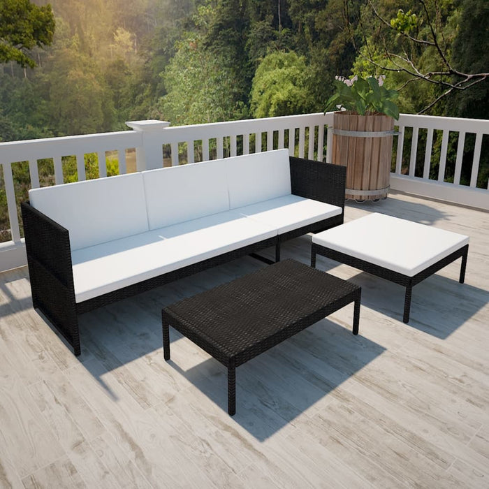 3-tlg. Garten-Lounge-Set mit Auflagen Poly Rattan Schwarz