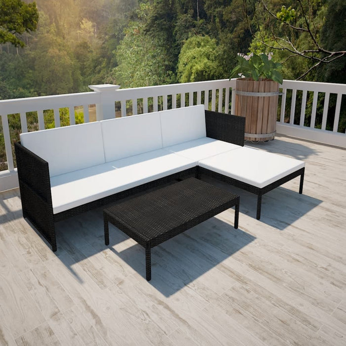 3-tlg. Garten-Lounge-Set mit Auflagen Poly Rattan Schwarz