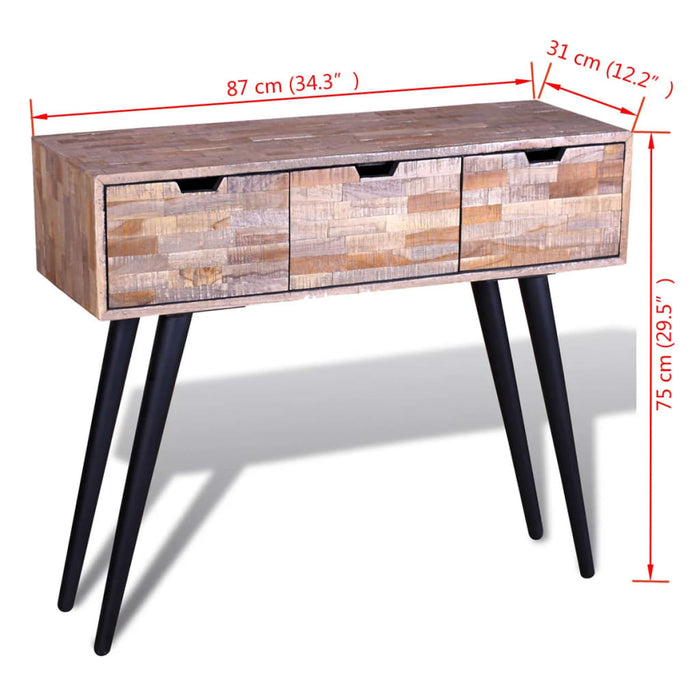 Console table with 3 drawers reclaimed teak wood