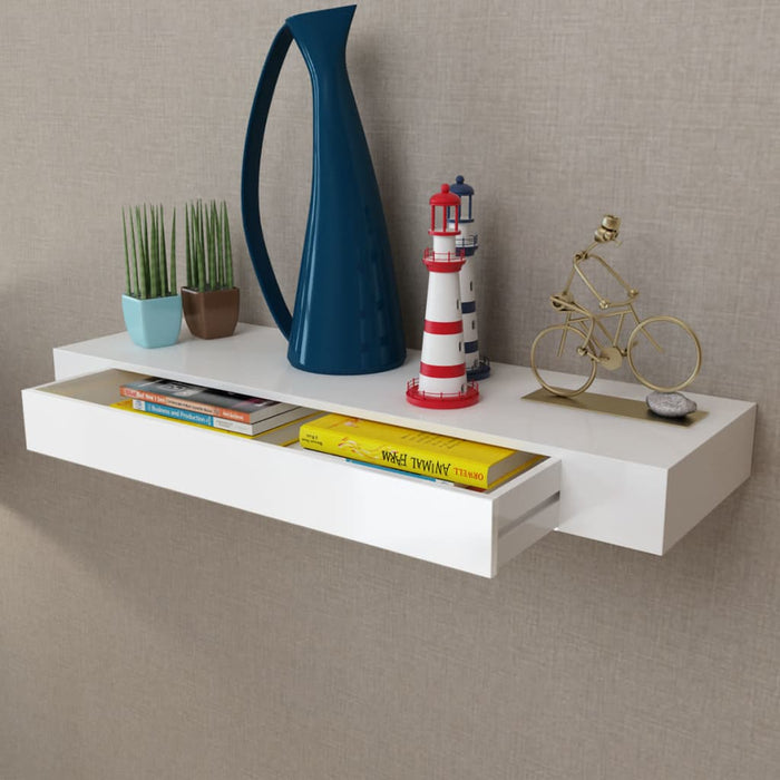 MDF wall shelf books/DVD shelf hanging shelf with 1 drawer, white