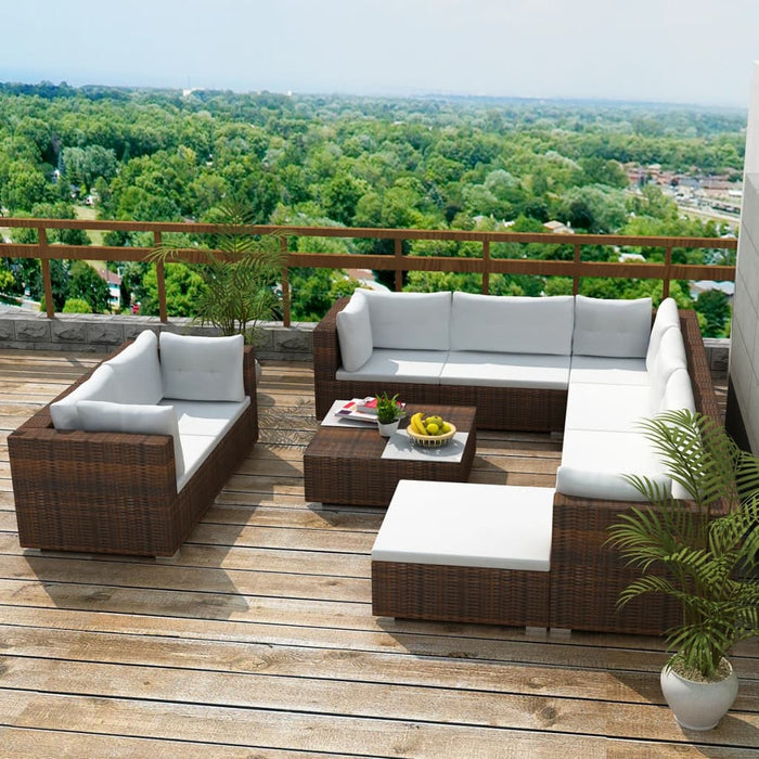 10 pcs. Garden lounge set with cushions poly rattan brown