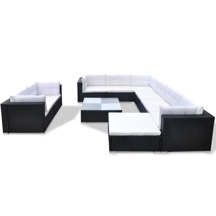 10 pcs. Garden lounge set with cushions poly rattan black