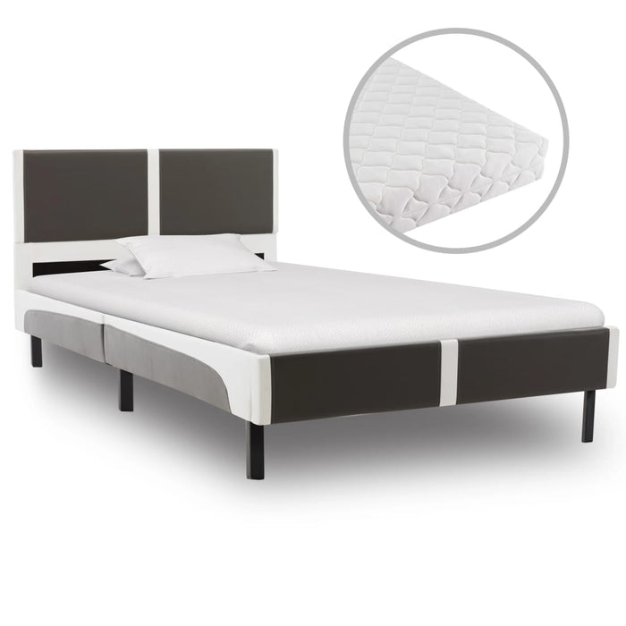 Bed with mattress gray and white faux leather 90 x 200 cm