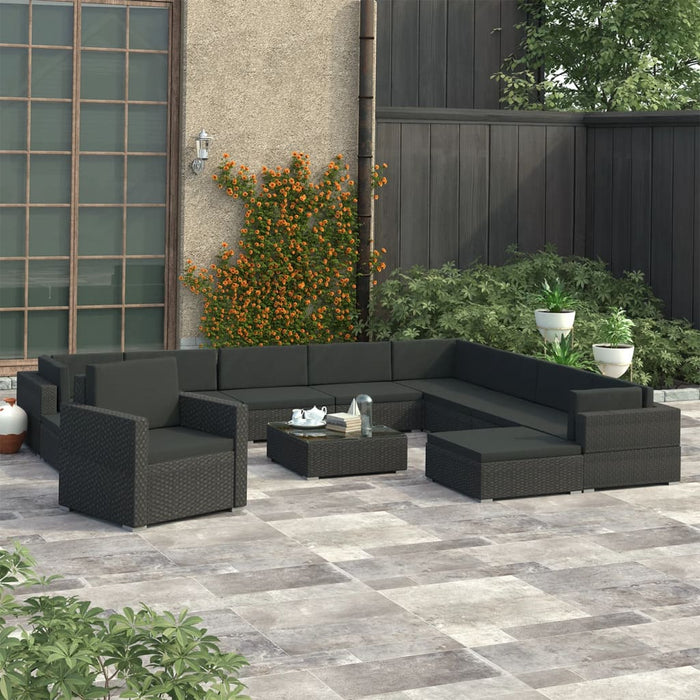 12-tlg. Garten-Lounge-Set mit Auflagen Poly Rattan Schwarz