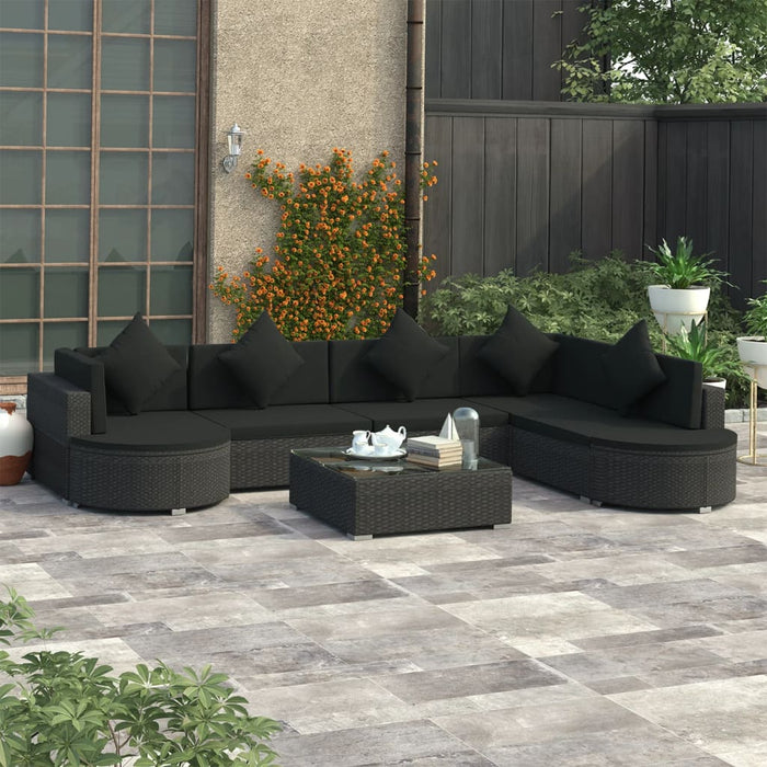 8 pcs. Garden lounge set with cushions poly rattan black