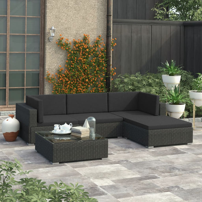 5-tlg. Garten-Lounge-Set mit Auflagen Poly Rattan Schwarz