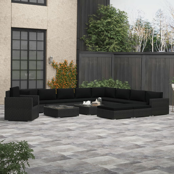13-tlg. Garten-Lounge-Set mit Auflagen Poly Rattan Schwarz