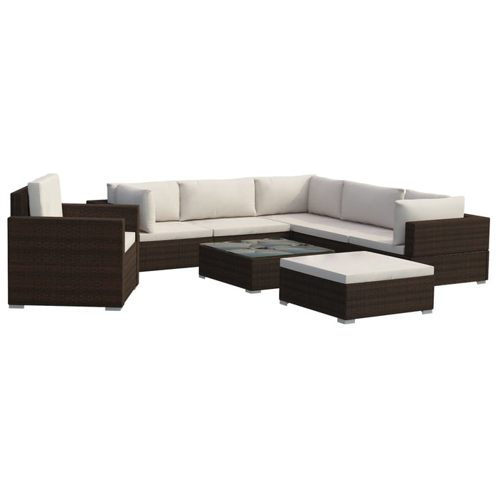 8 pcs. Garden lounge set with cushions poly rattan brown